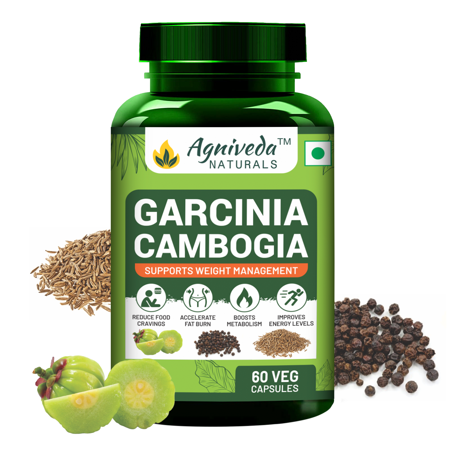 Agniveda Naturals Garcinia Cambogia Weight Loss Caps For Women And Men - With Cumin Seeds| Boosts Metabolism & Energy Levels(Pack of 60 caps)