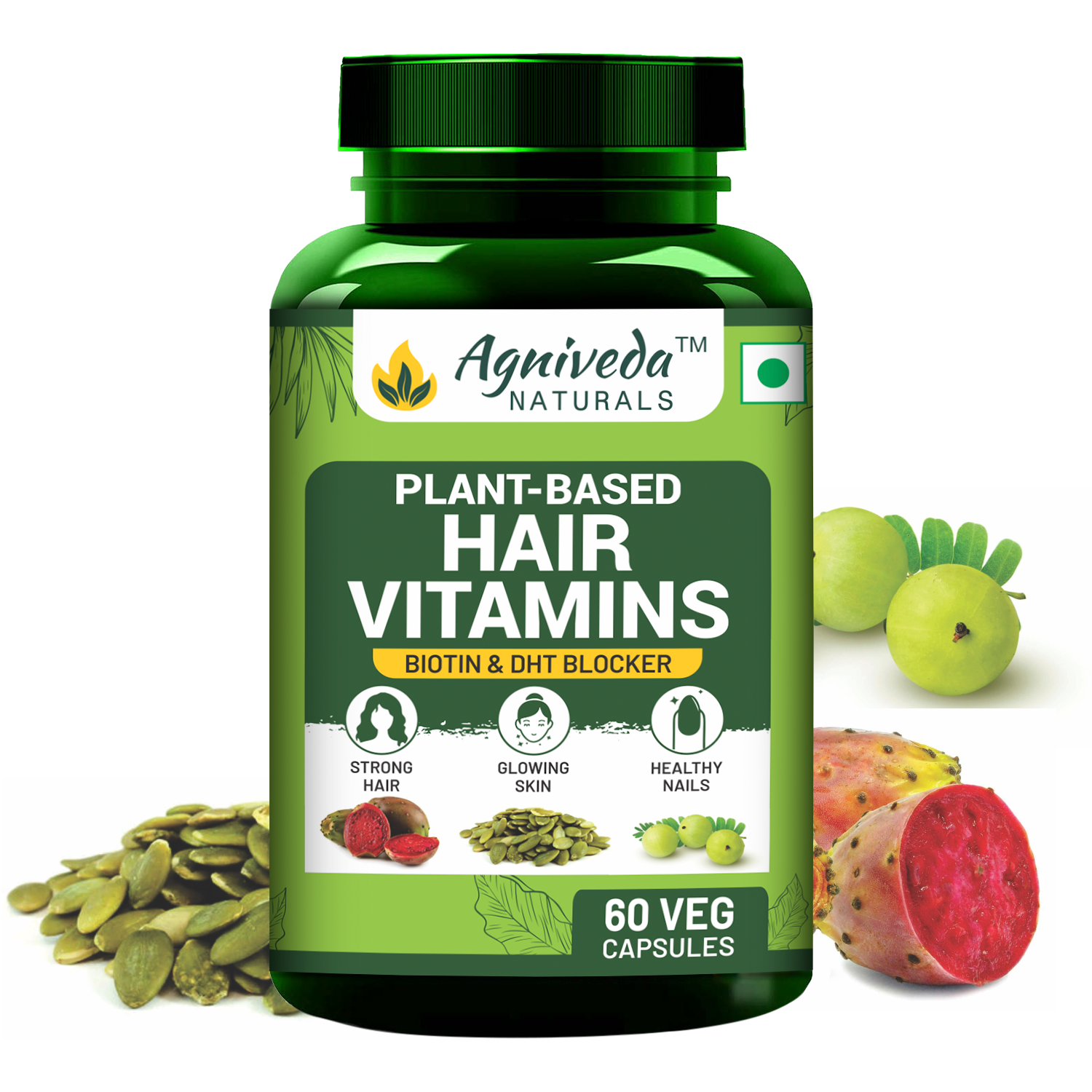 Agniveda Naturals Hair Vitamins Biotin, DHT Blocker, Vitamin B3, B5, B6, B7, B9, B12, Vitamin C, D3, E, Helps Reduce Hairfall, Stimulates Hair Follicles & Promotes Hair Growth | For Men And Women - 60 Veg Caps