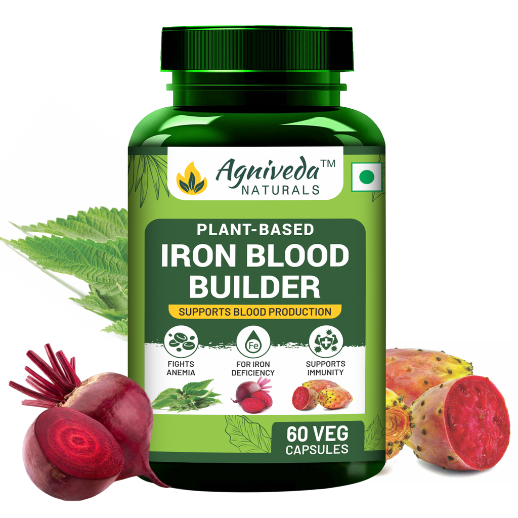 Agniveda Naturals Plant Based Iron Blood Builder 1000mg Capsule | Dietary Iron Supplement | Promotes Red Blood Cell Formation | Supports Iron Deficiency for Men & Women Elderly Adults - 60 Veg Capsules