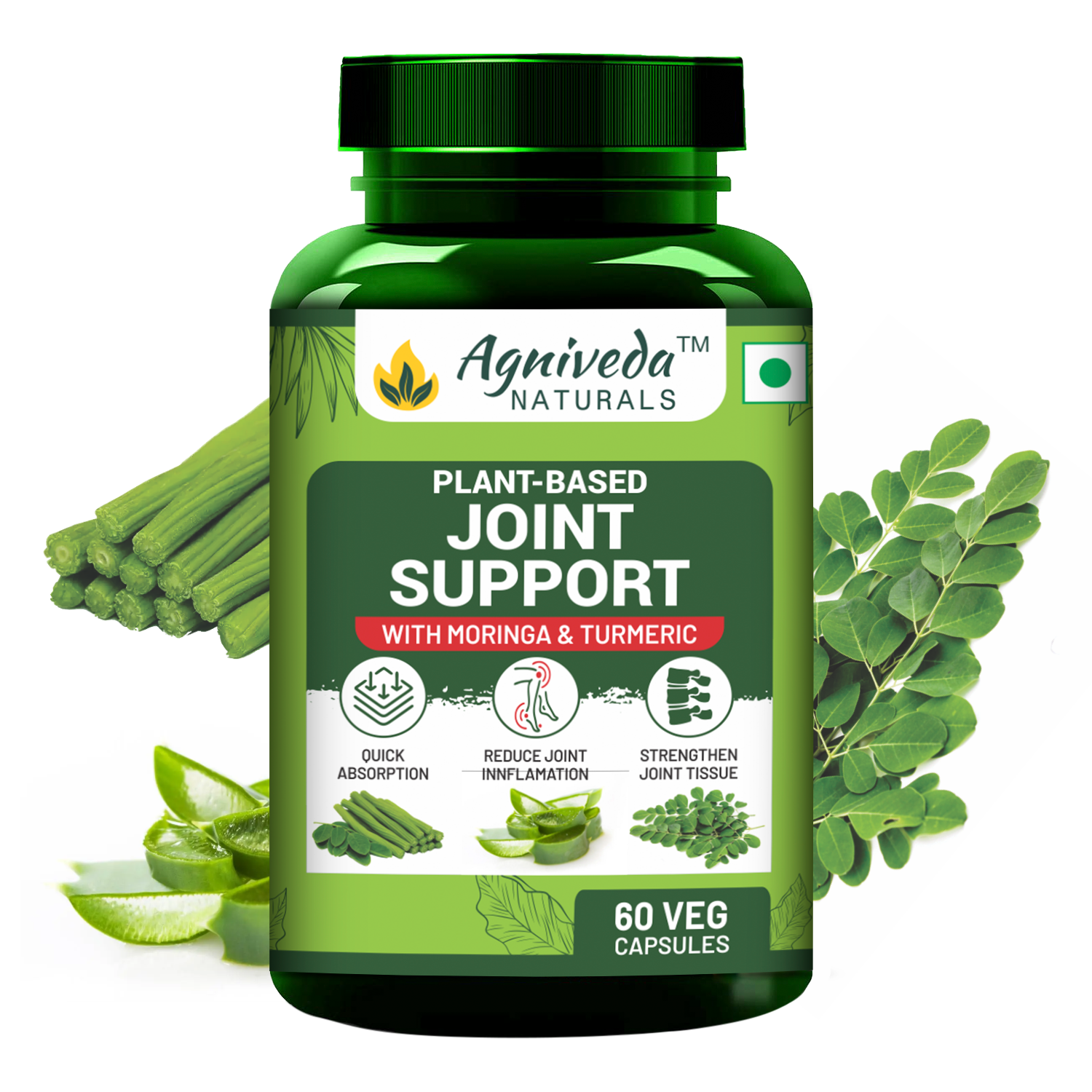Agniveda Naturals Plant Based Joint Support 1000 mg with Moringa Leaves Powder, Boswellia Serrata Powder | 60 Veg Capsules | Supports Healthy Joints & Bones