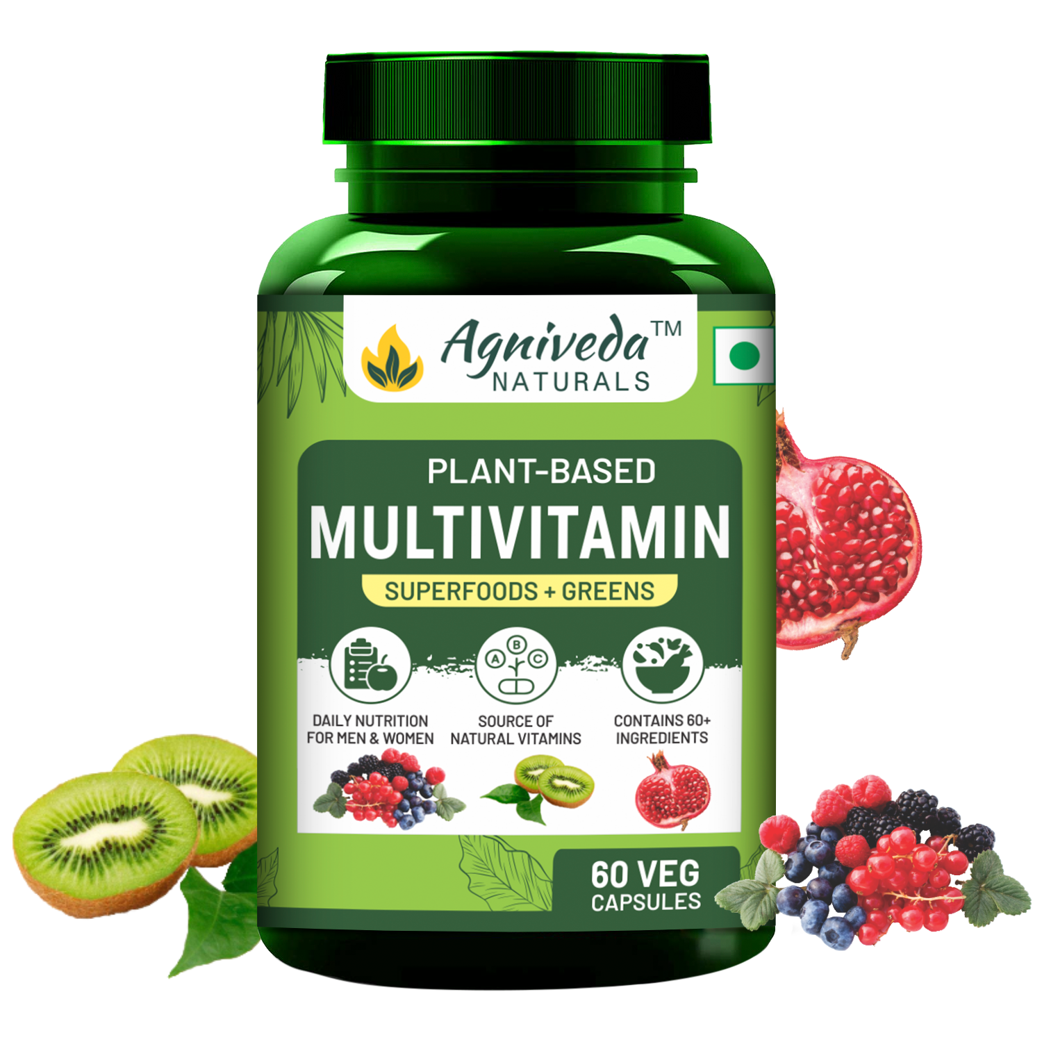 Agniveda Naturals Plant Based Multivitamin 60+ Ingredients With Vitamin B1, B2, B3, B5, B6, B7, B9, B12, A, C, D, E, K, Calcium etc,Good For Men & Women - 60 Veg Capsule