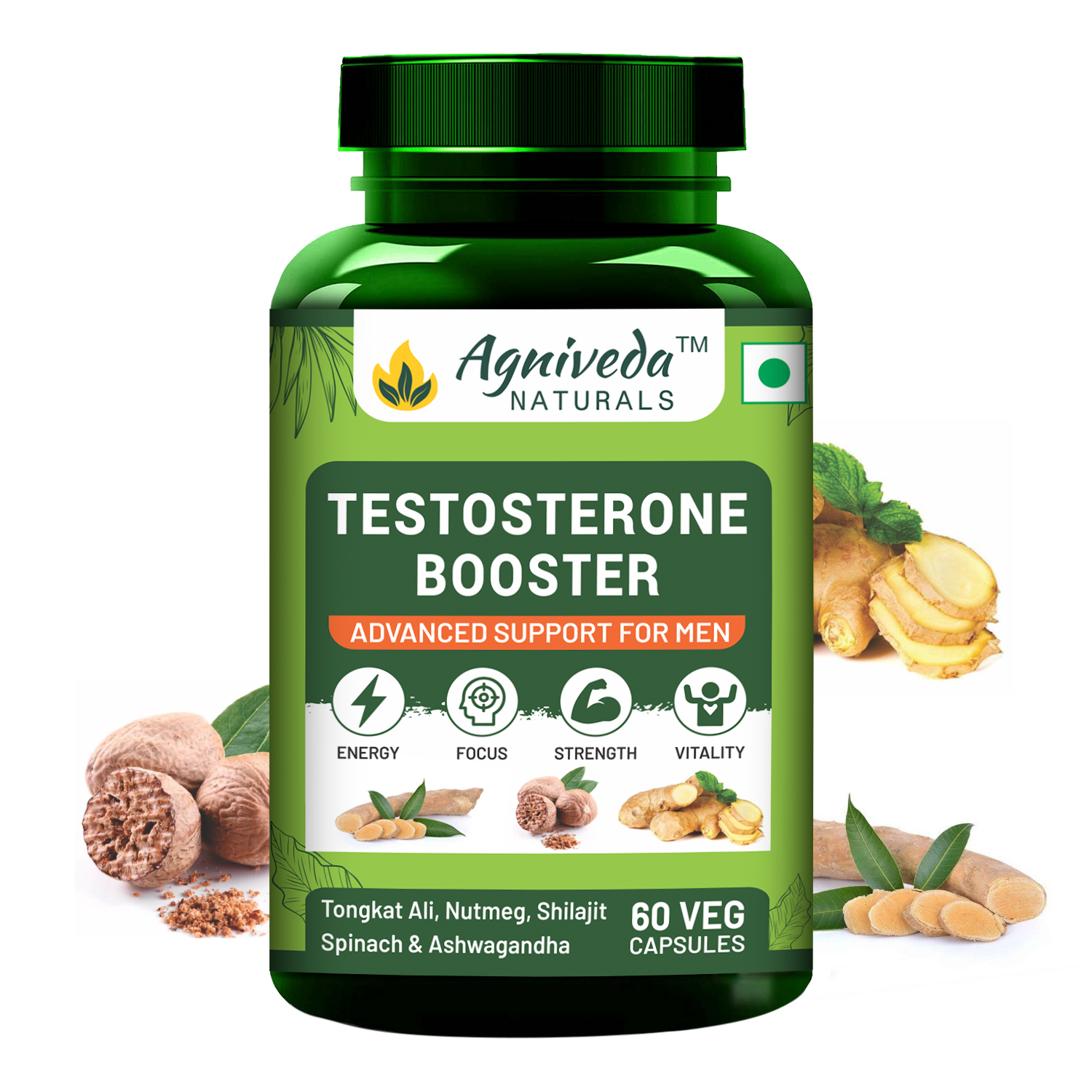 Agniveda Naturals Testosterone Booster For Men With, Ashwagandha, Shilajit Muscle Support And Energy Support (60 Veg Capsules)