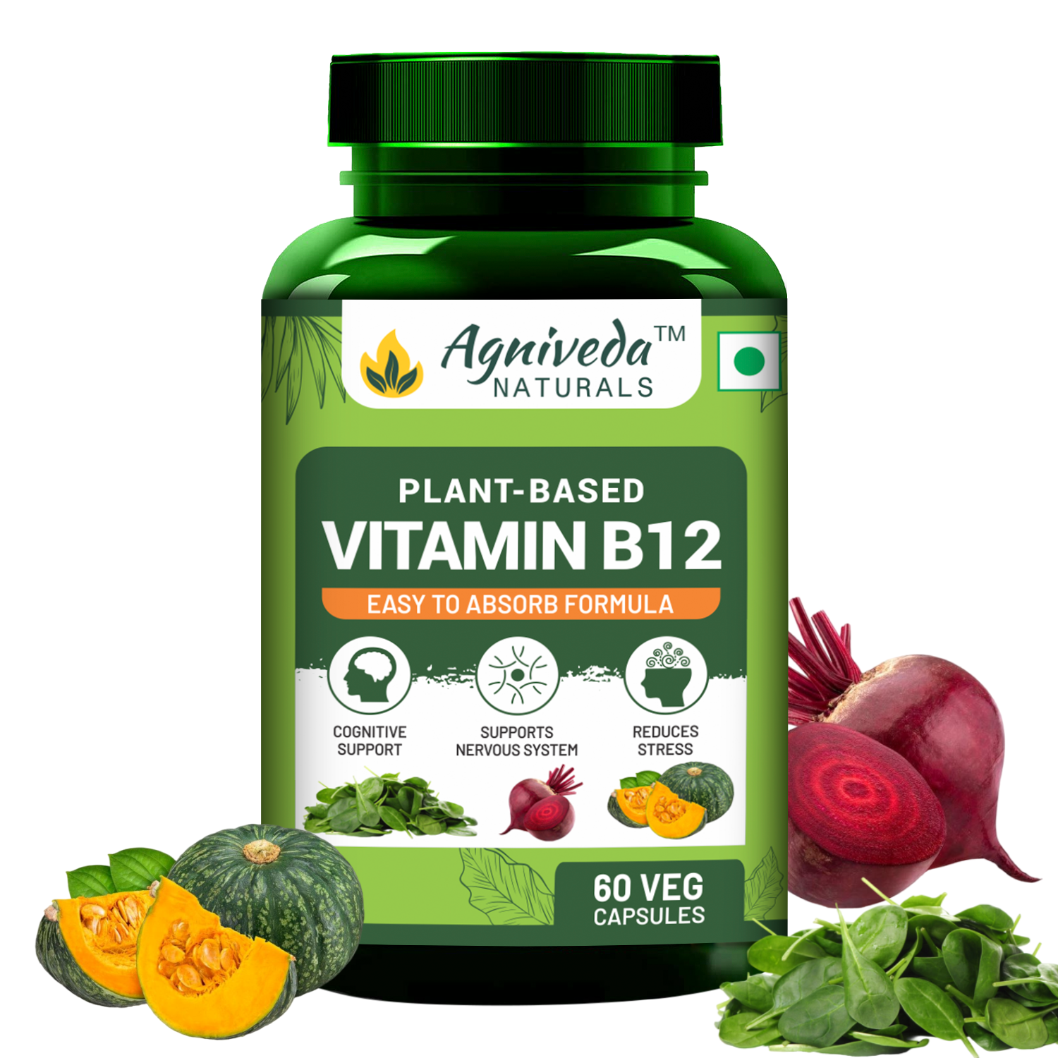 Agniveda Naturals Plant Based Vitamin B12 supplement for Men & Women (60 Capsules) | Natural Formulation for Vegetarians & Vegans to support Nervous System & Brain Function