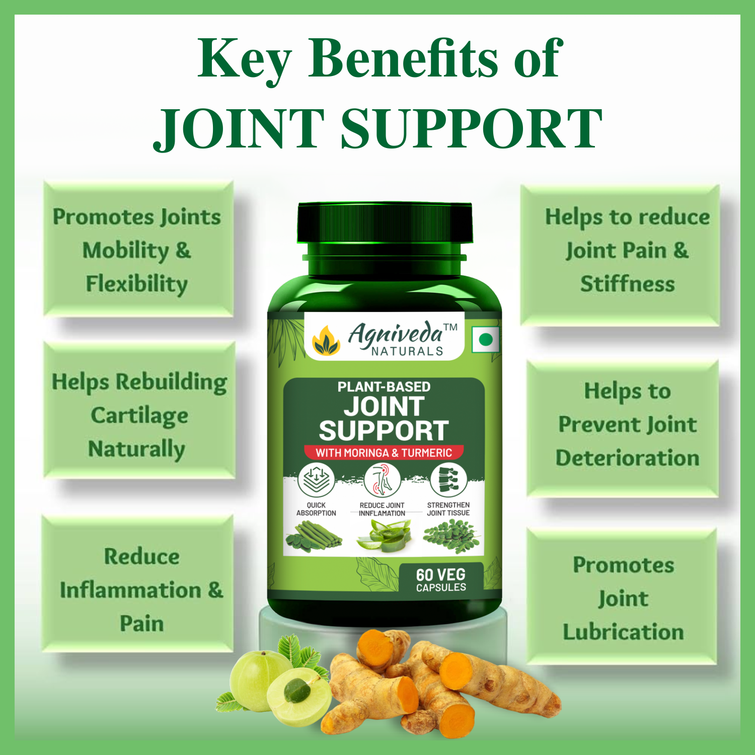 Agniveda Naturals Plant Based Joint Support 1000 mg with Moringa Leaves Powder, Boswellia Serrata Powder | 60 Veg Capsules | Supports Healthy Joints & Bones