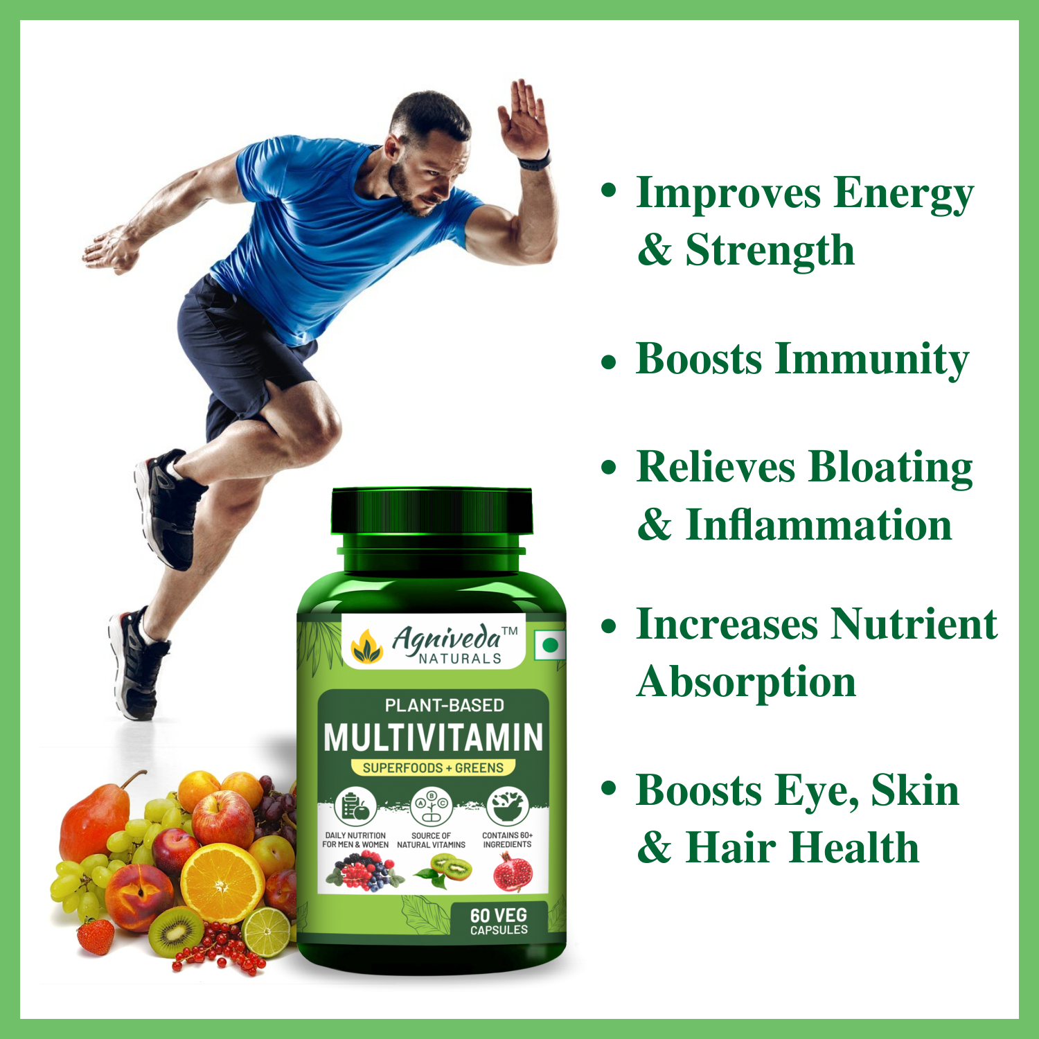 Agniveda Naturals Plant Based Multivitamin 60+ Ingredients With Vitamin B1, B2, B3, B5, B6, B7, B9, B12, A, C, D, E, K, Calcium etc,Good For Men & Women - 60 Veg Capsule