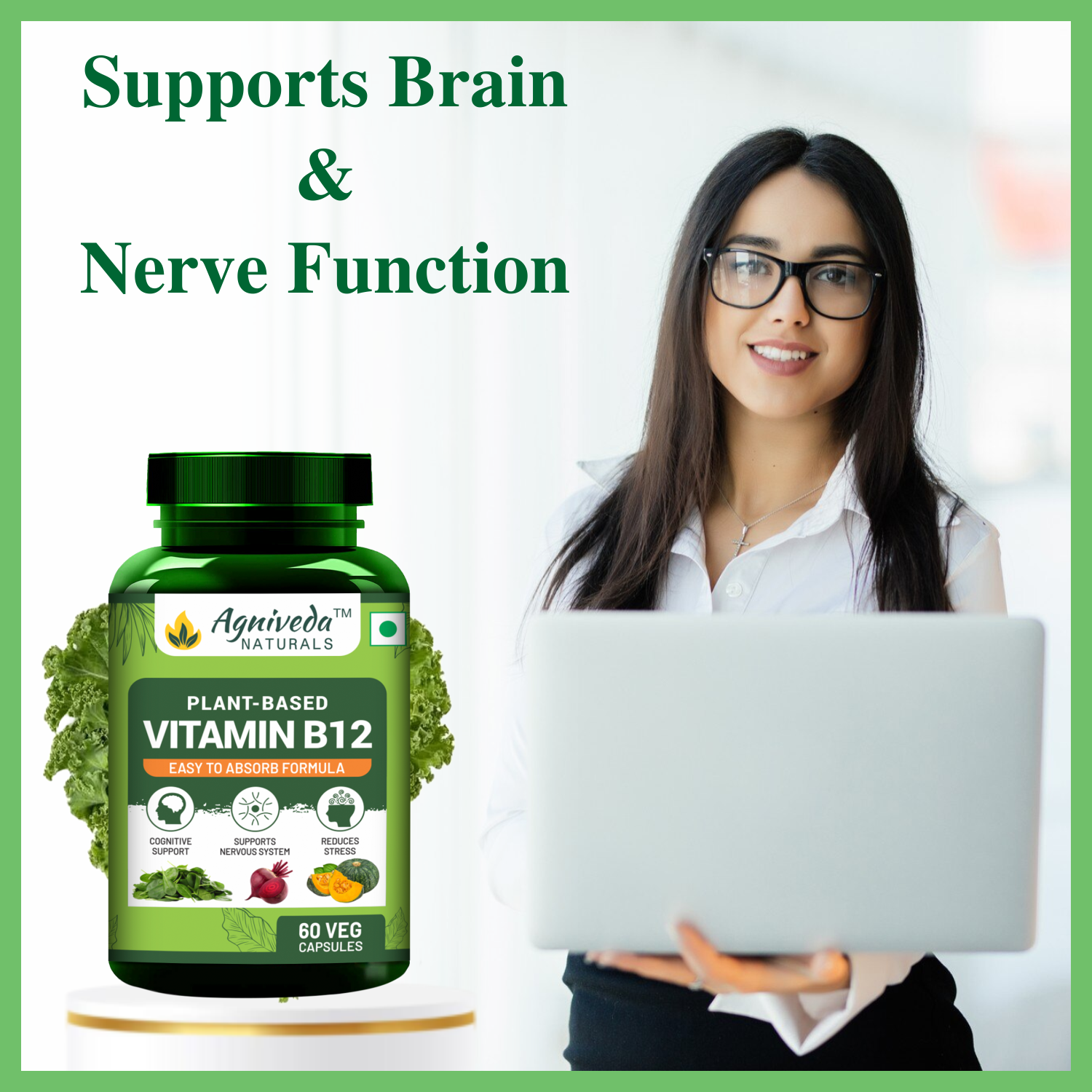 Agniveda Naturals Plant Based Vitamin B12 supplement for Men & Women (60 Capsules) | Natural Formulation for Vegetarians & Vegans to support Nervous System & Brain Function
